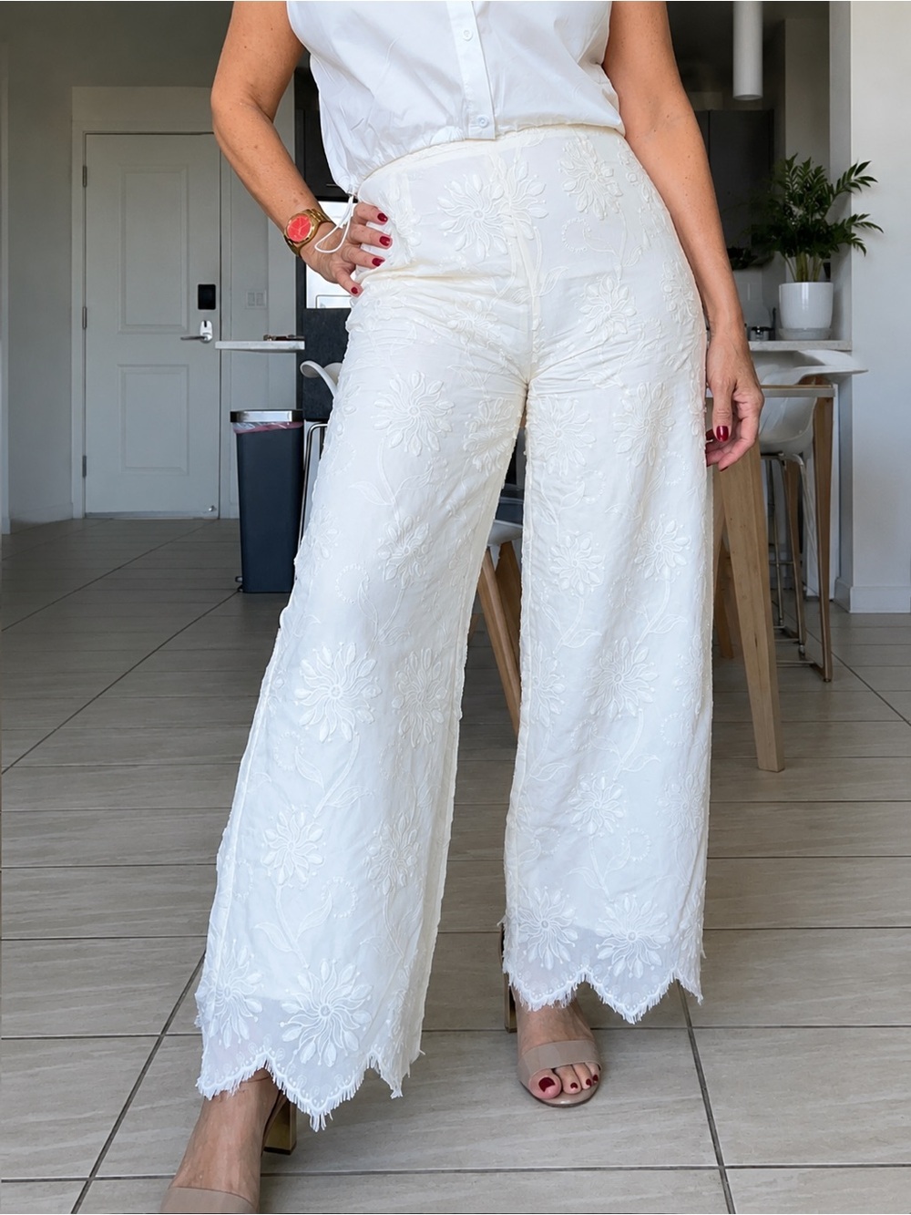 Lalavon Ivory Embroidered Wide-Leg Pants NWT
